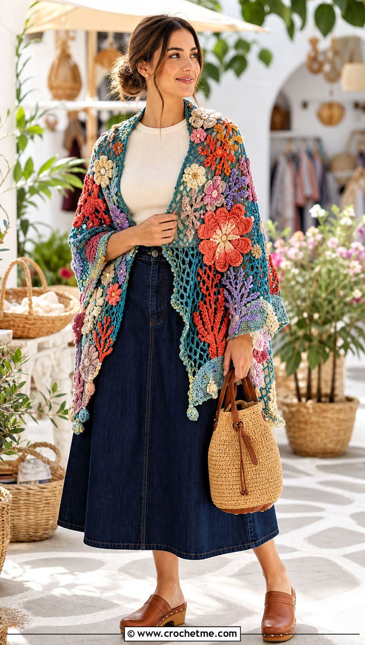 Floral Motif Crochet Shawl With Denim Midi Skirt - 30 boho crochet shawl outfit ideas