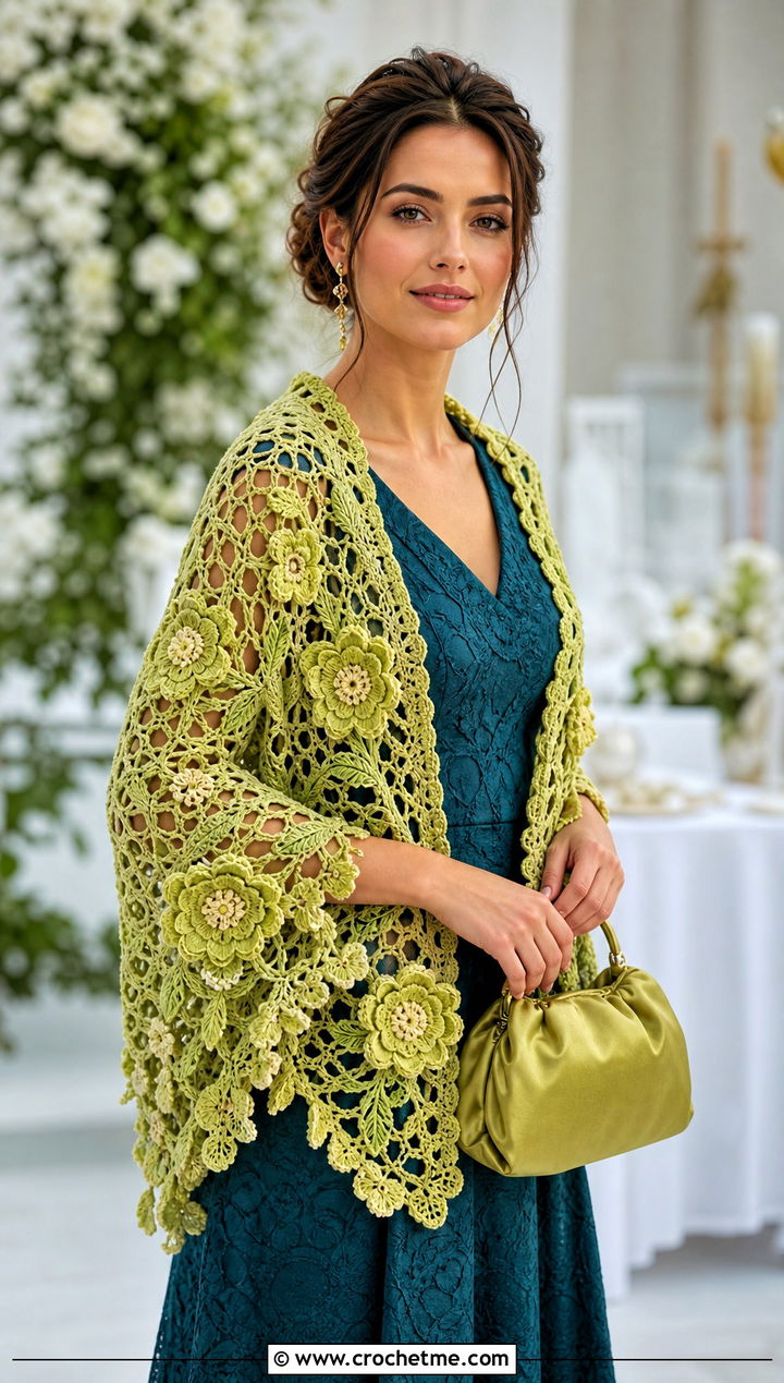 Floral Motif Crochet Shawl With Jacquard Midi Dress - 15 Winter Wedding Crochet Shawl outfit ideas