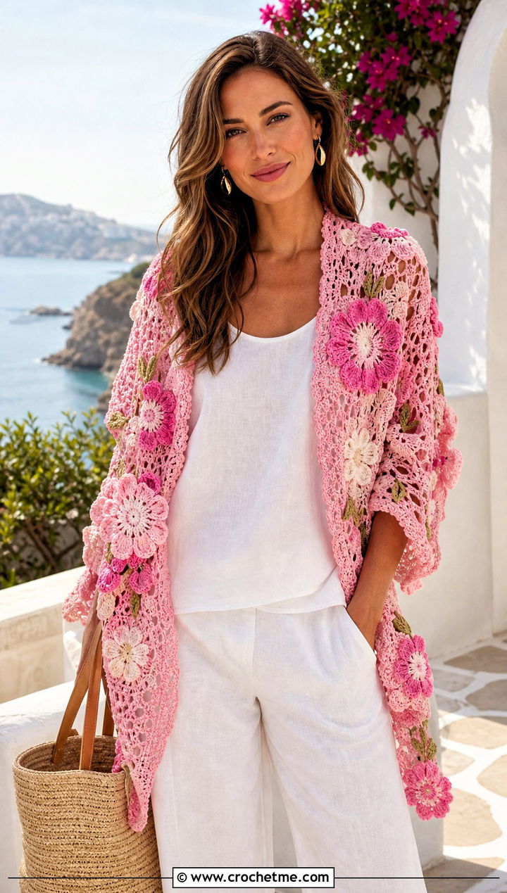 Floral Motif Crochet Shawl With Linen Set - 25 Simple Crochet Shawl outfit ideas