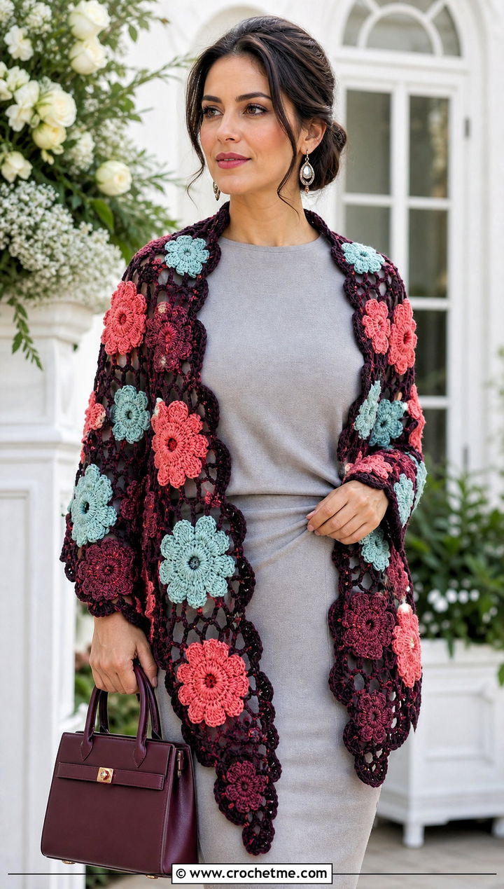 Floral Motif Crochet Shawl With Monochrome Outfit - 20 Elegant Crochet Shawl outfit ideas
