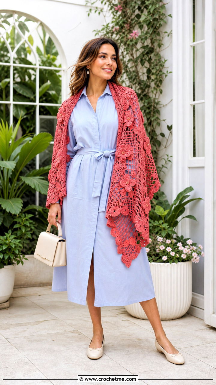 Floral Motif Crochet Shawl With Shirt Dress - 35 Crocheted Shawls And Wraps outfit ideas