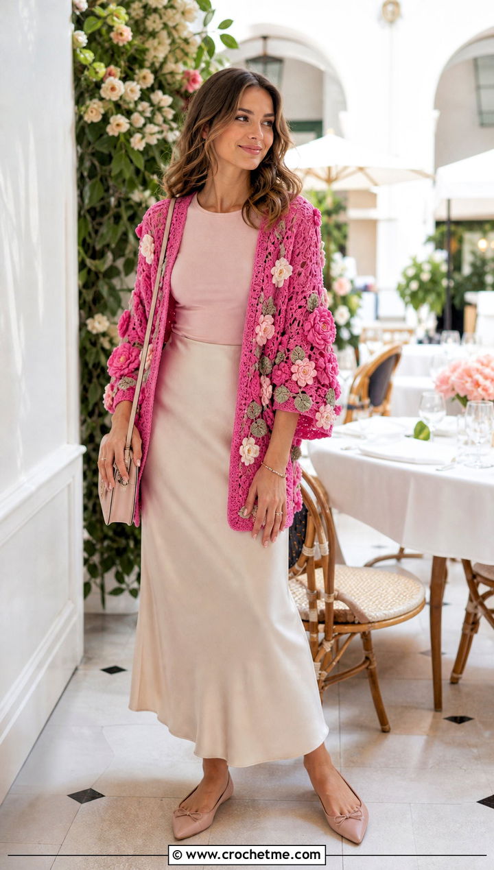 Floral Motif Crochet Shawl With Sleeves And Slip Skirt - 35 crochet shawl with sleeves outfit ideas