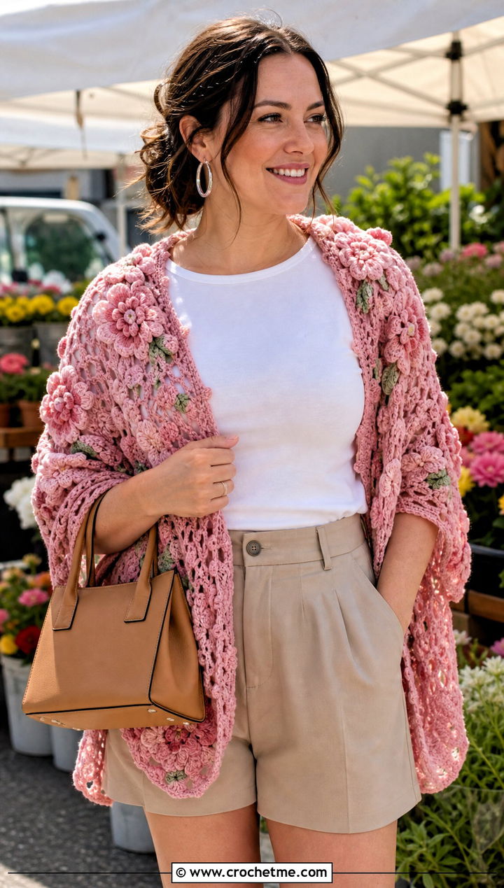 Floral Motif Crochet Shawl With Tailored Shorts - 20 Light Weight Crochet Shawl outfit ideas