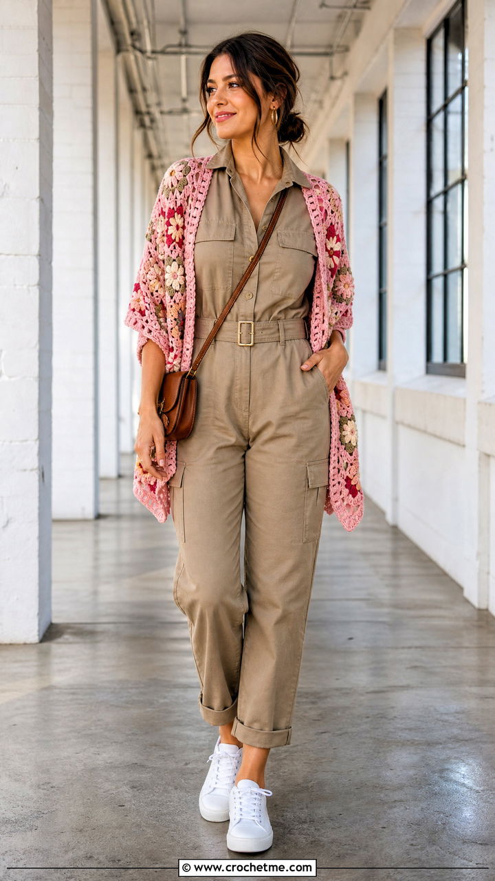 Floral Motif Crochet Shawl With Utility Jumpsuit - 35 easy simple crochet shawl outfit ideas