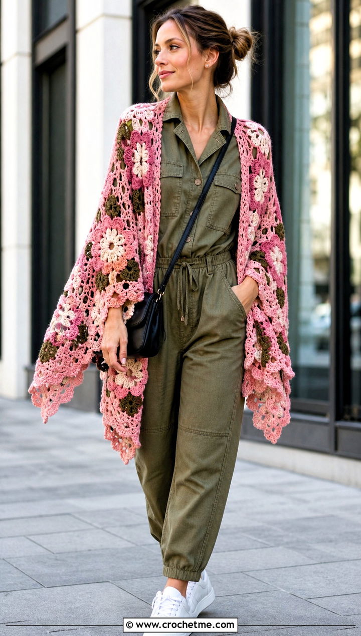 Floral Motif Crochet Shawl With Utility Jumpsuit - 25 crochet for shawls outfit ideas