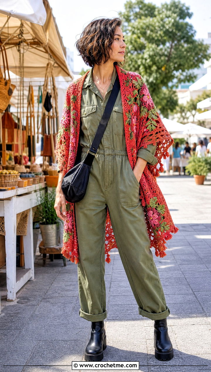 Floral Motif Crochet Shawl With Utility Jumpsuit - 30 crochet shawl wraps outfit ideas