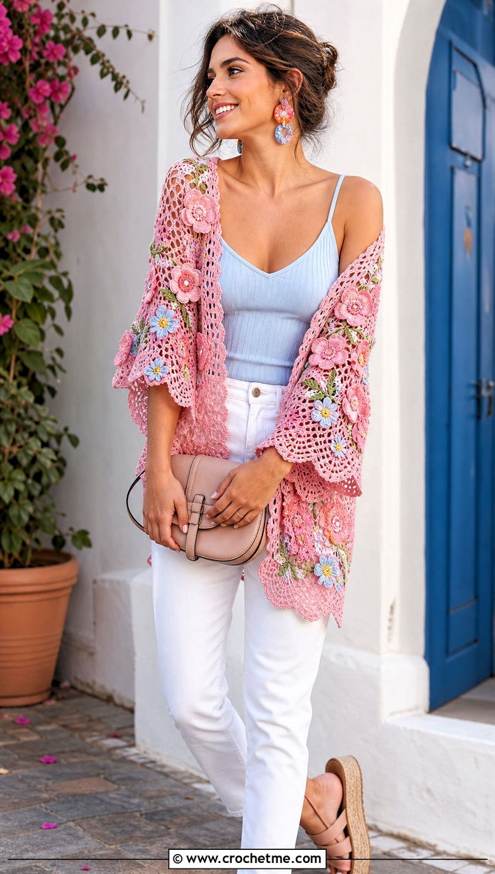 Floral Motif Crochet Shawl With White Jeans - 30 summer crochet shawl outfit ideas