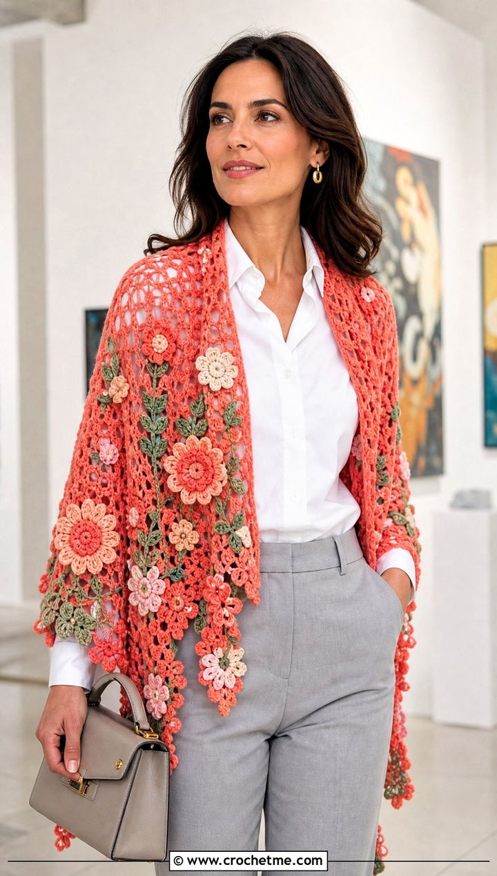 Floral Motif Crochet Shawl With White Shirt And Trousers - 25 Crochet For Shawl outfit ideas
