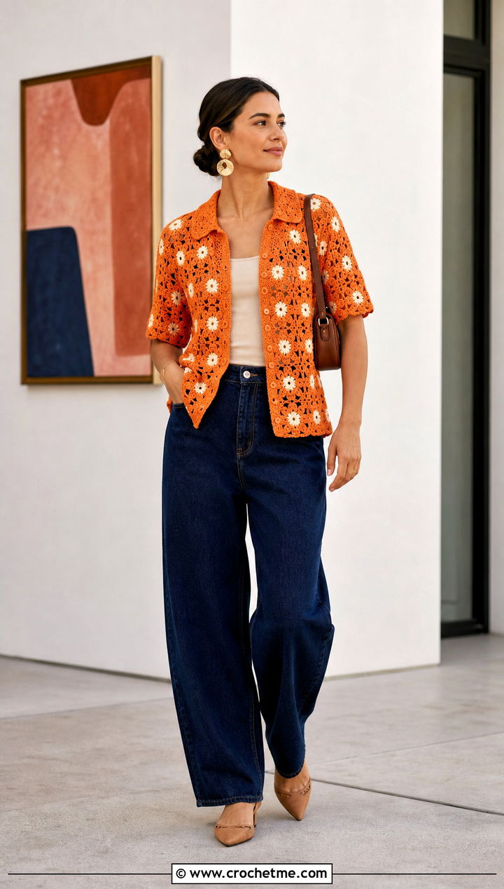 Floral Motif Crochet Shirt With Barrel Jeans - 30 easy crochet shirt outfit ideas