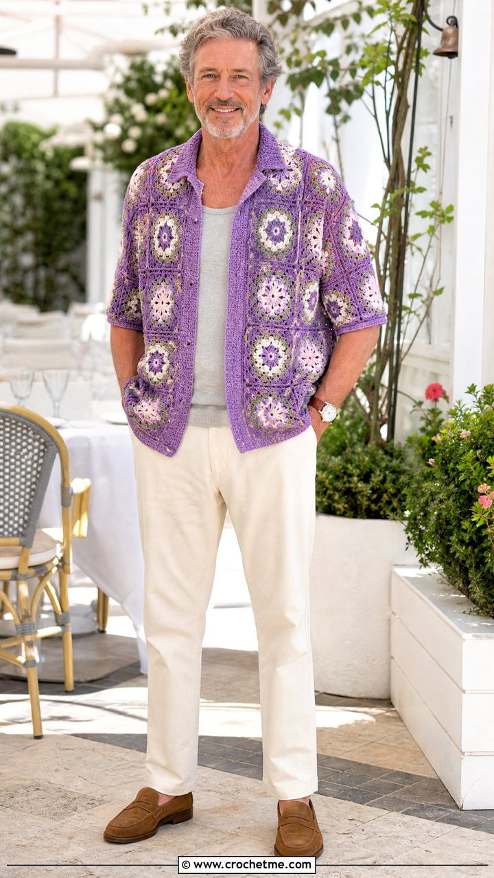Floral Motif Crochet Shirt With Cream Chinos - 35 crochet shirt men outfit ideas