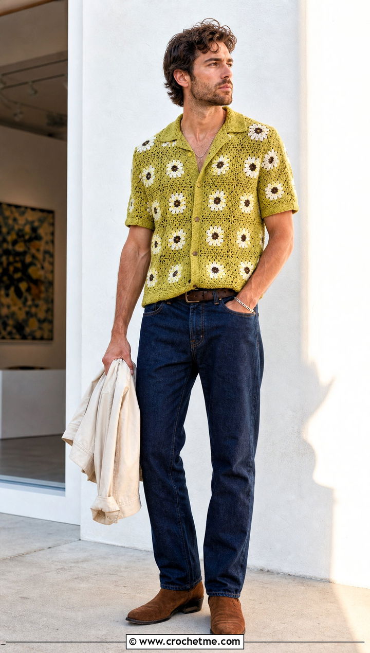Floral Motif Crochet Shirt With Dark Jeans - 35 men's crochet shirt outfit ideas