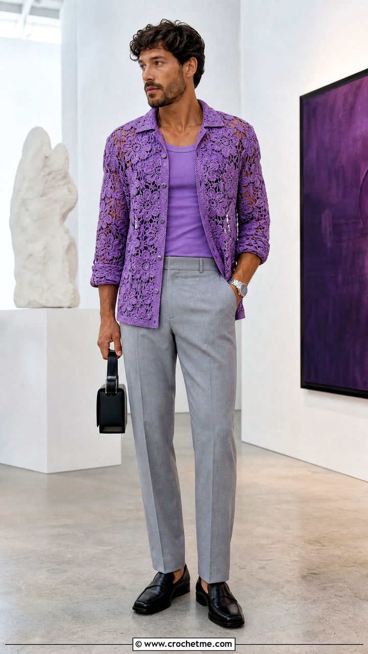 Floral Motif Crochet Shirt With Suit Trousers - 35 mens crochet shirt outfit ideas