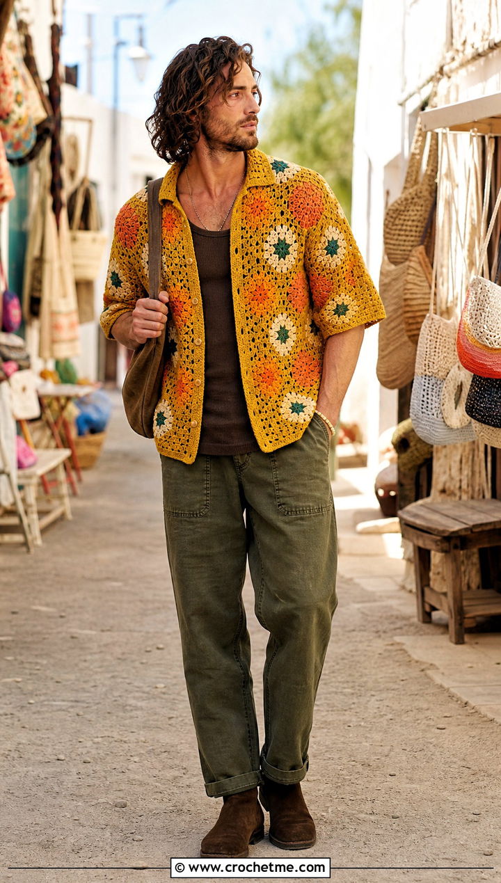 Floral Motif Crochet Shirt With Workwear Pants - 30 men crochet top outfit ideas