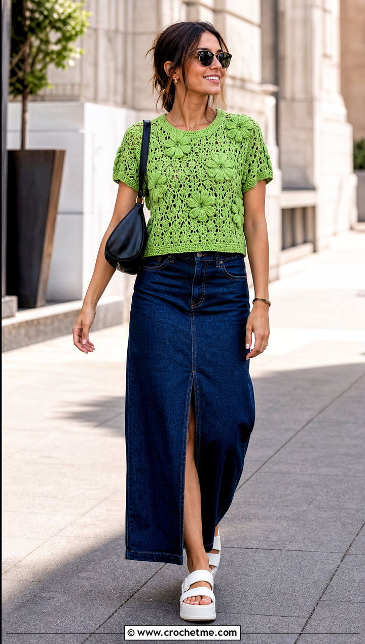Floral Motif Crochet Short Sleeve Sweater With Denim Maxi Skirt - 25 Crochet Short Sleeve Sweater outfit ideas