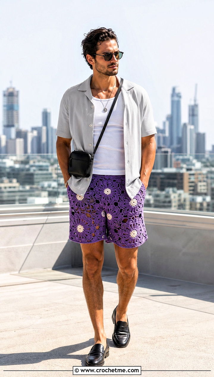 Floral Motif Crochet Shorts With Cuban Collar Shirt - 15 mens crochet shorts outfit ideas