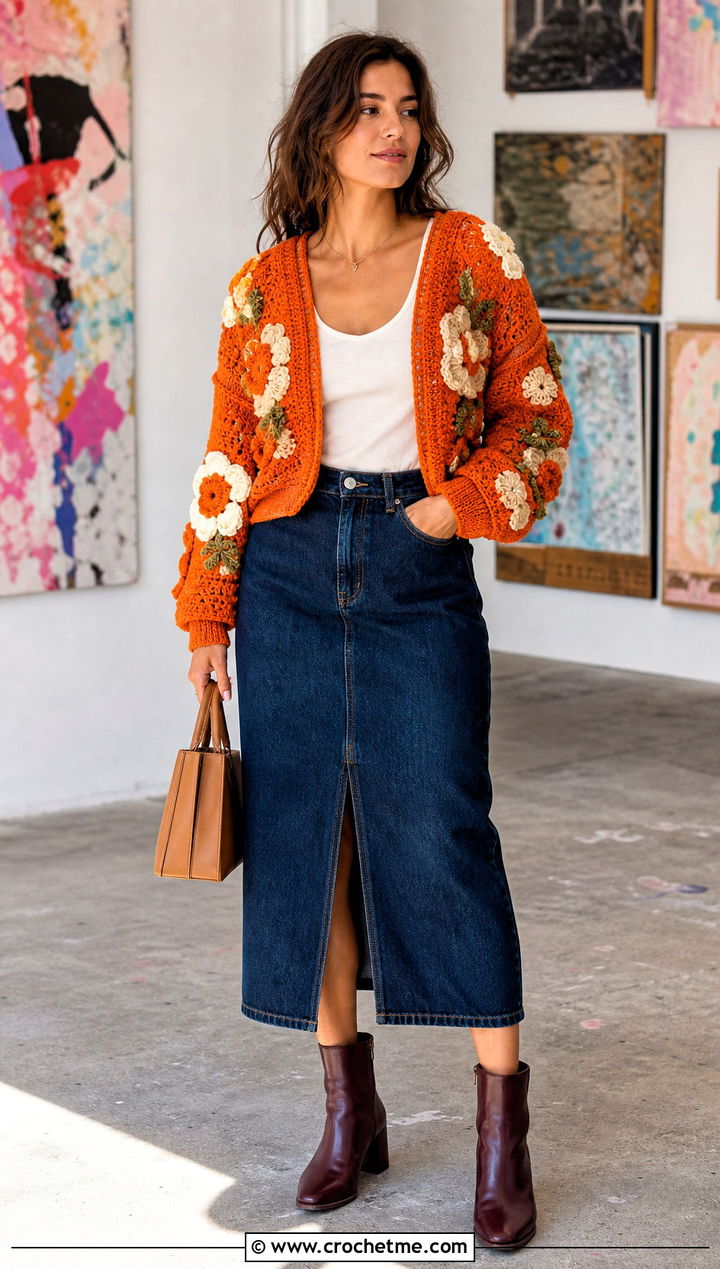 Floral Motif Crochet Shrug Sweater With Denim Midi Skirt - 30 crochet shrug sweater outfit ideas
