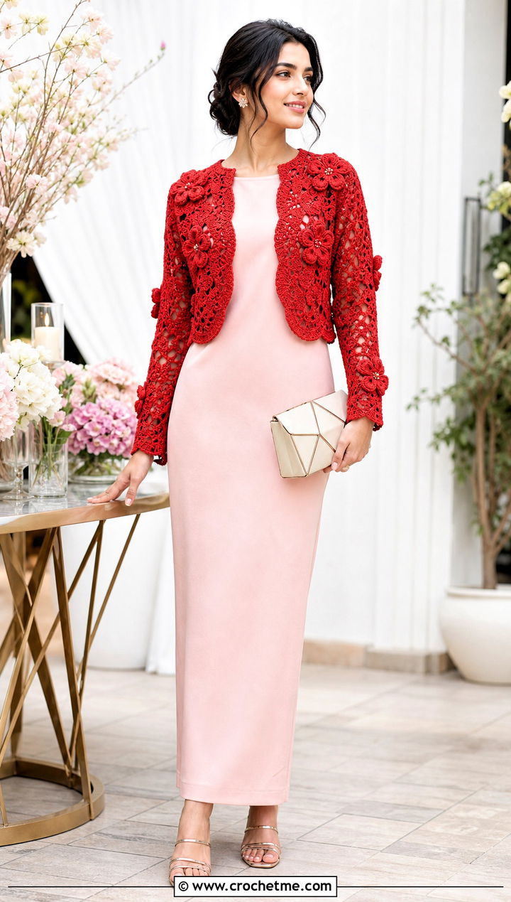 Floral Motif Crochet Shrug With Column Dress - 25 Crochet Shrug Cardigan outfit ideas