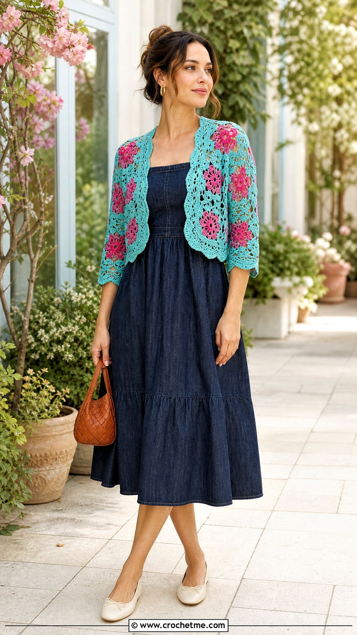Floral Motif Crochet Shrug With Denim Dress - 35 easy crochet shrug outfit ideas