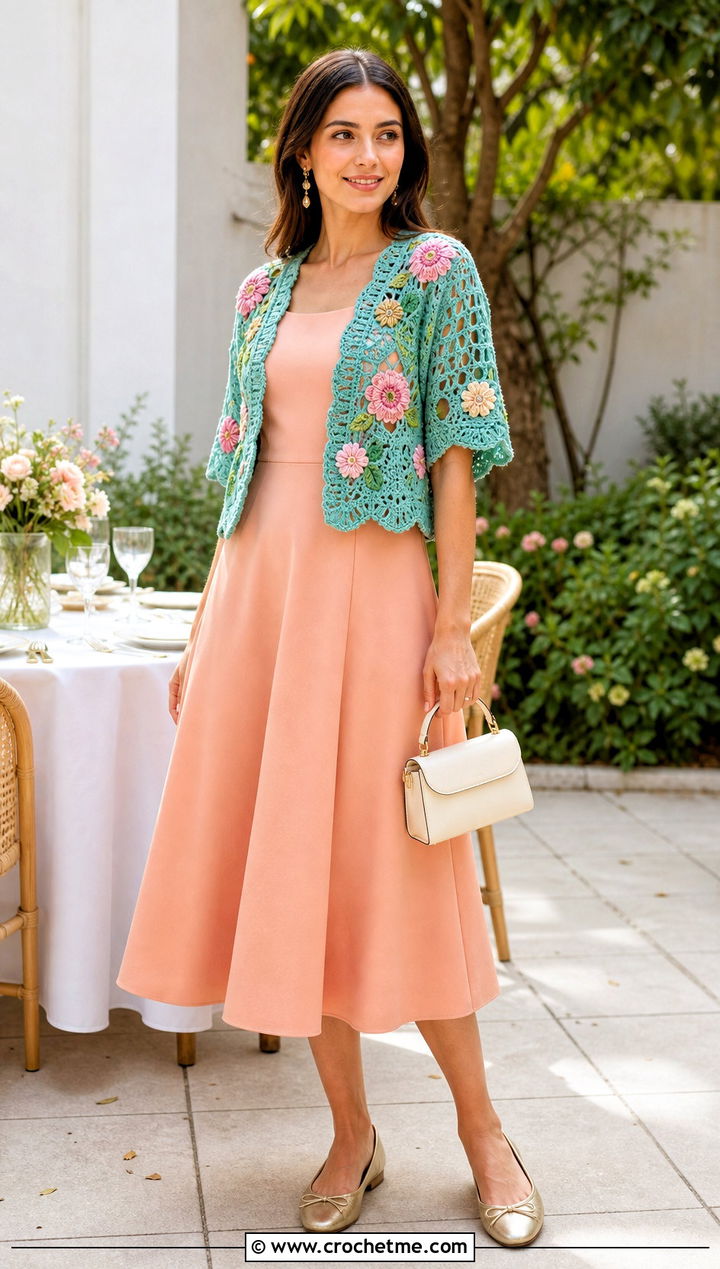 Floral Motif Crochet Shrug With Midi Dress - 30 easy simple crochet shrug outfit ideas