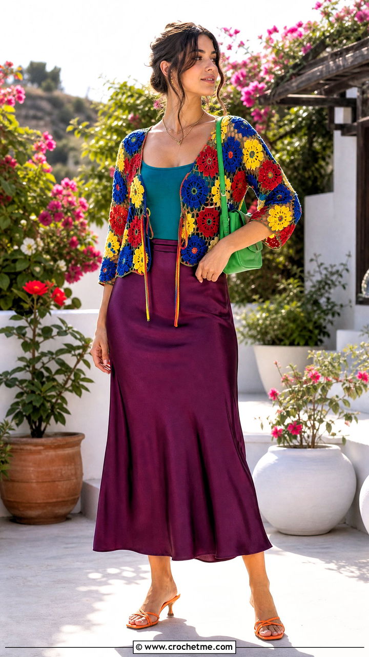 Floral Motif Crochet Shrug With Slip Skirt - 35 crochet shrug outfit ideas