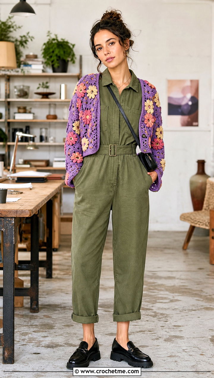 Floral Motif Crochet Shrug With Utility Jumpsuit - 15 Long Sleeved Crochet Shrug outfit ideas