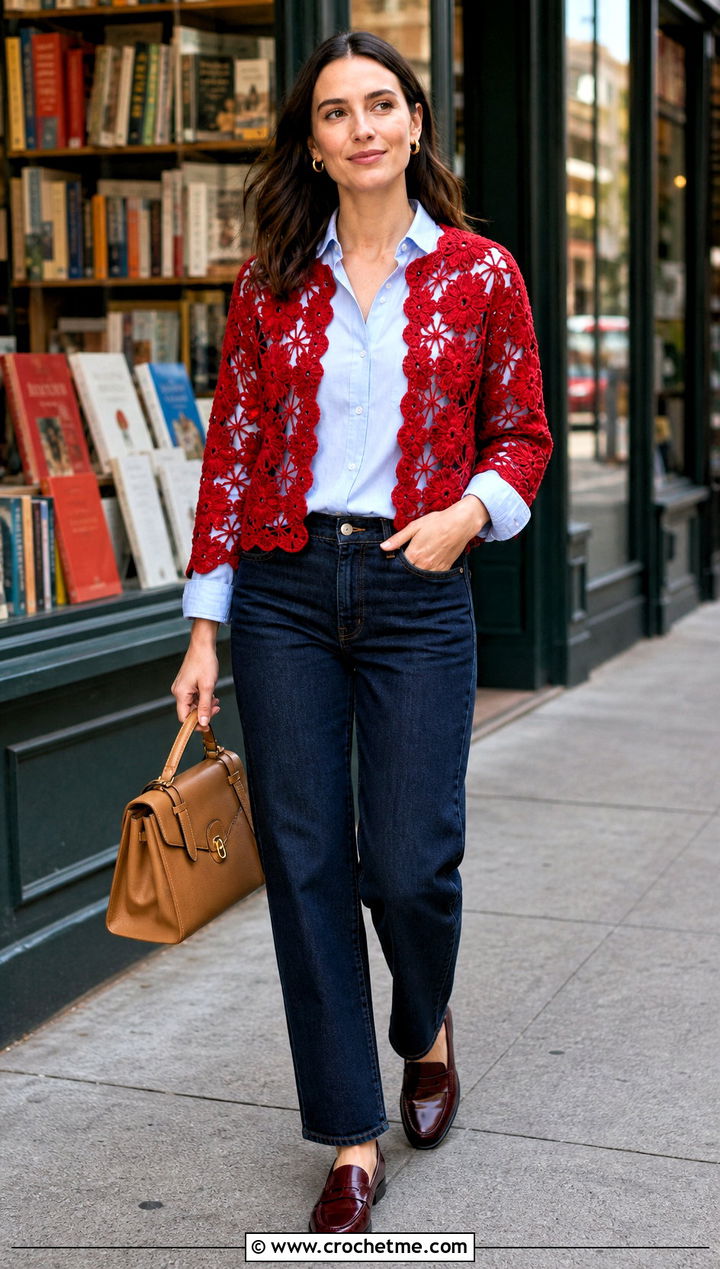Floral Motif Crochet Shrug With White Shirt And Jeans - 30 crochet shrug for women outfit ideas