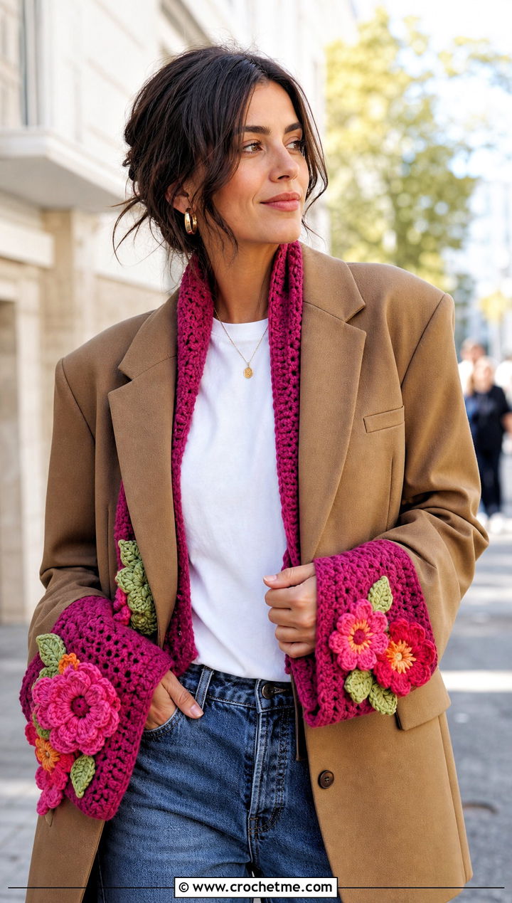 Floral Motif Crochet Sleeve Scarf With Blazer And Jeans - 30 crochet sleeve scarf outfit ideas