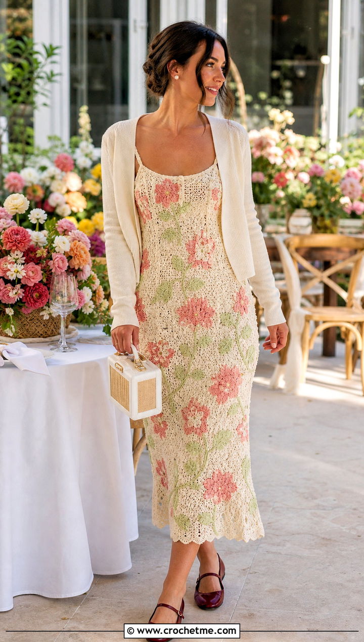 Floral Motif Crochet Slip Dress With Cropped Cardigan - 25 crochet slip dress outfit ideas