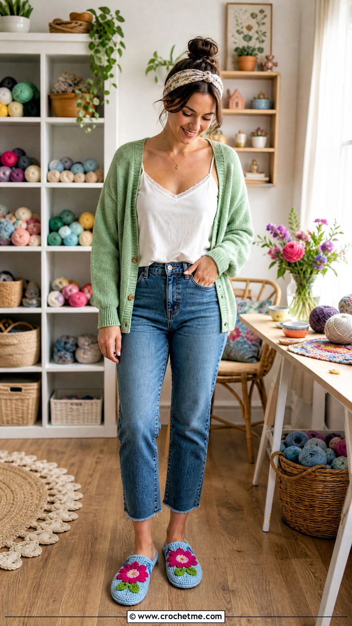 Floral Motif Crochet Slippers With a Cardigan and Jeans - 35 easy crochet slippers adult outfit ideas