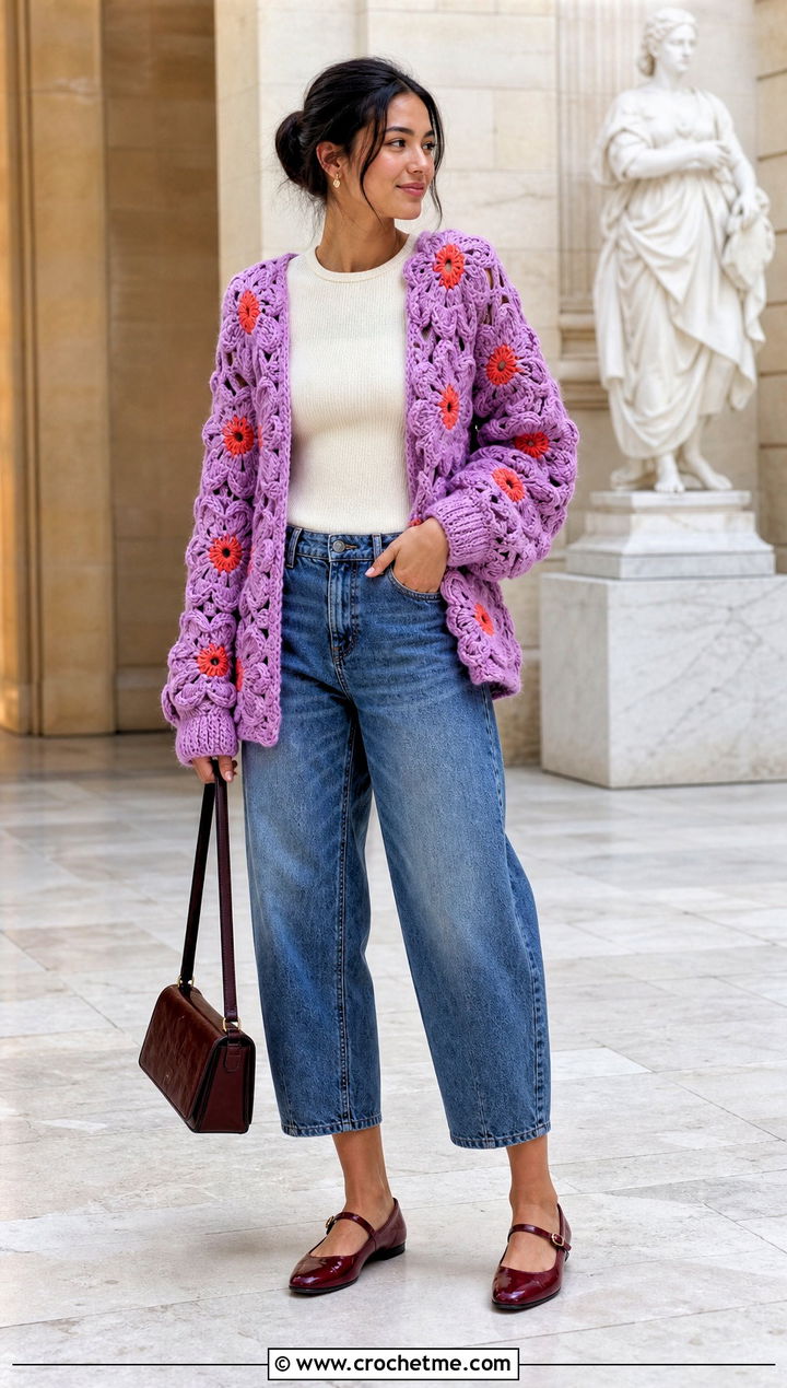 Floral Motif Crochet Slouchy Cardigan With Barrel Jeans - 20 Crochet Slouchy Cardigan outfit ideas