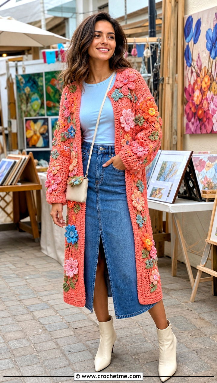 Floral Motif Crochet Sweater Coat With A Denim Midi Skirt - 20 Crochet Sweater Coat outfit ideas