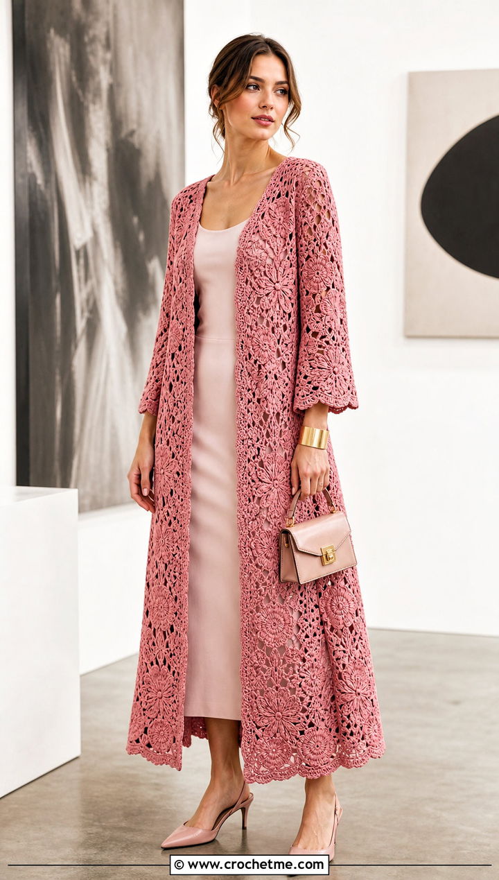 Floral Motif Crochet Sweater Coat With Column Dress - 30 crochet long cardigan sweater coats outfit ideas