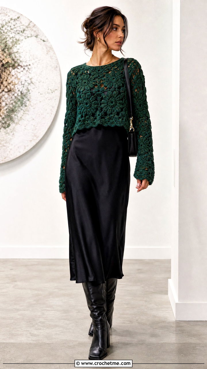 Floral Motif Crochet Sweater Over A Slip Dress - 35 fall crochet sweater outfit ideas