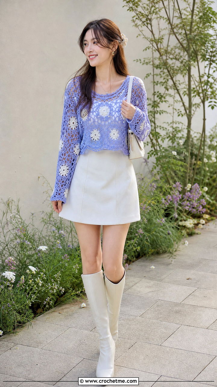 Floral Motif Crochet Sweater With A Line Mini Skirt - 35 crochet sweaters outfit ideas