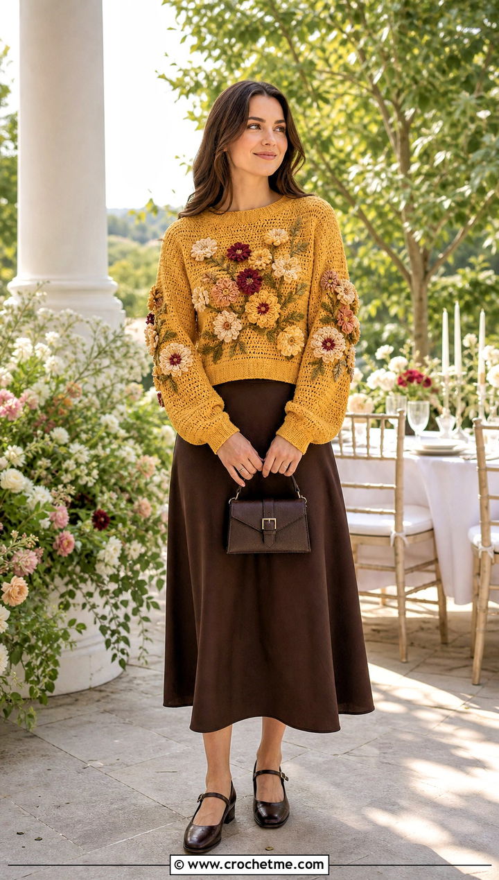 Floral Motif Crochet Sweater With A Line Skirt - 25 Womens Crochet Sweater outfit ideas