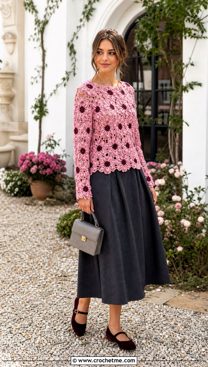 Floral Motif Crochet Sweater With A Line Skirt - 30 fall crochet sweaters outfit ideas
