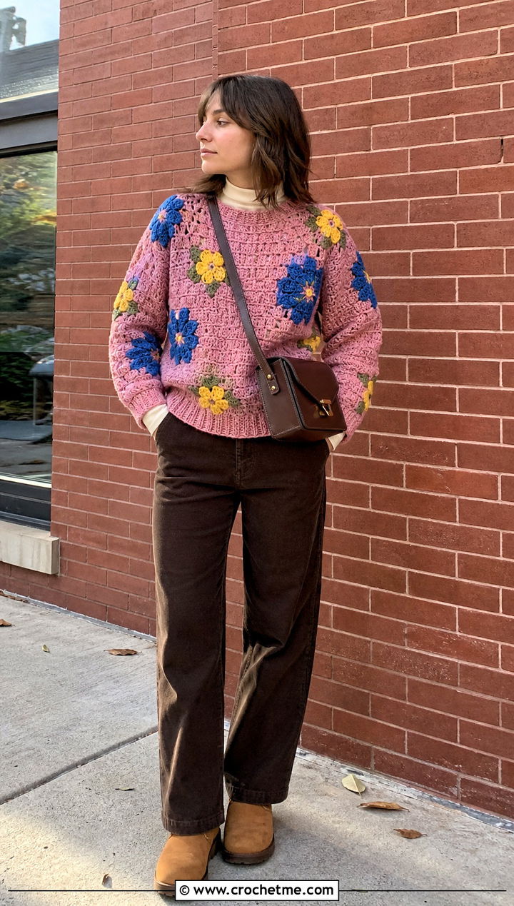 Floral Motif Crochet Sweater With Corduroy Pants - 25 90s crochet sweater outfit ideas
