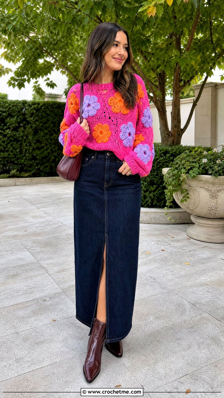 Floral Motif Crochet Sweater With Denim Maxi Skirt - 35 colorful crochet sweater outfit ideas