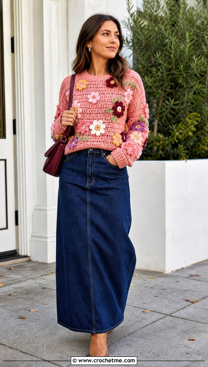 Floral Motif Crochet Sweater With Denim Maxi Skirt - 25 Colorful Crochet Sweater Ideas
