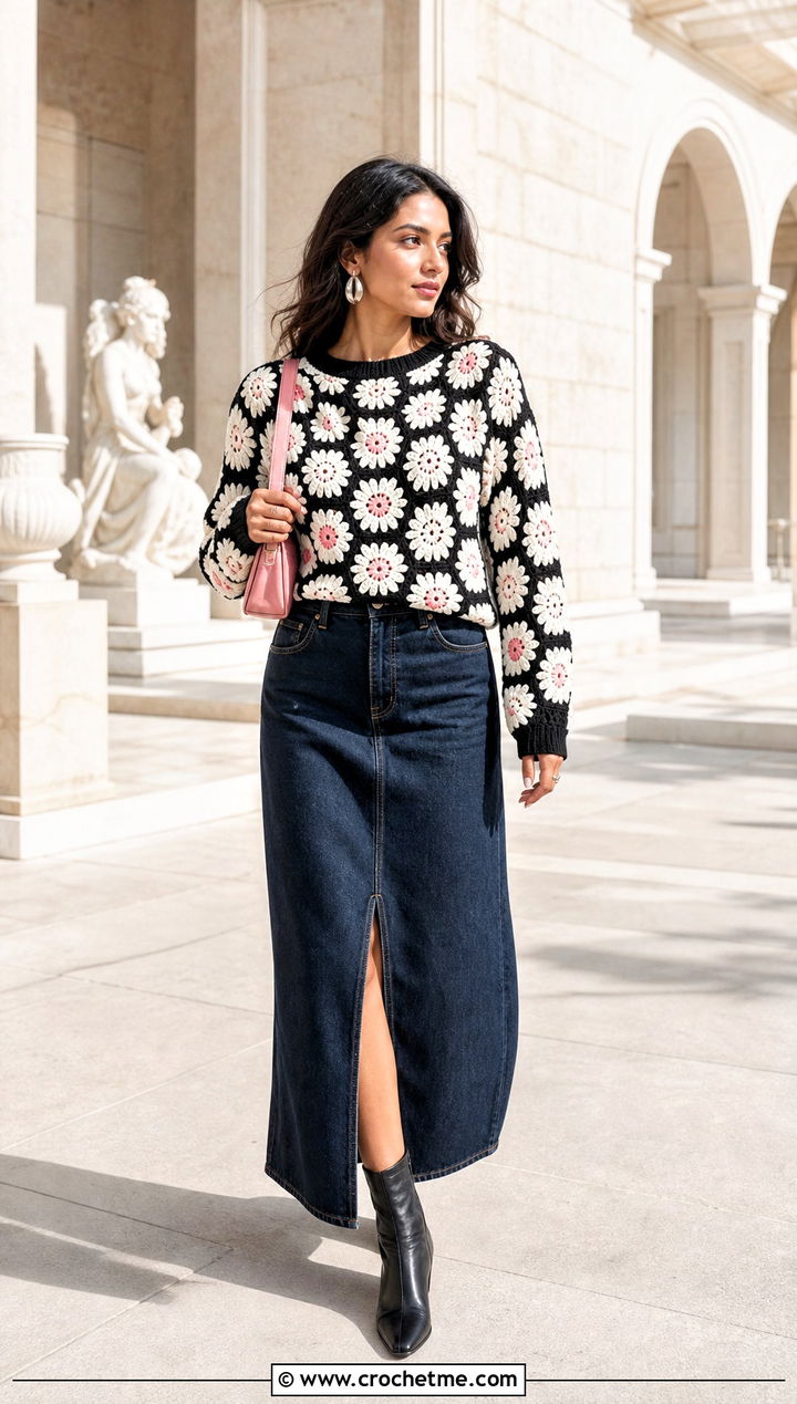 Floral Motif Crochet Sweater With Denim Maxi Skirt - 35 black and white crochet sweater outfit ideas