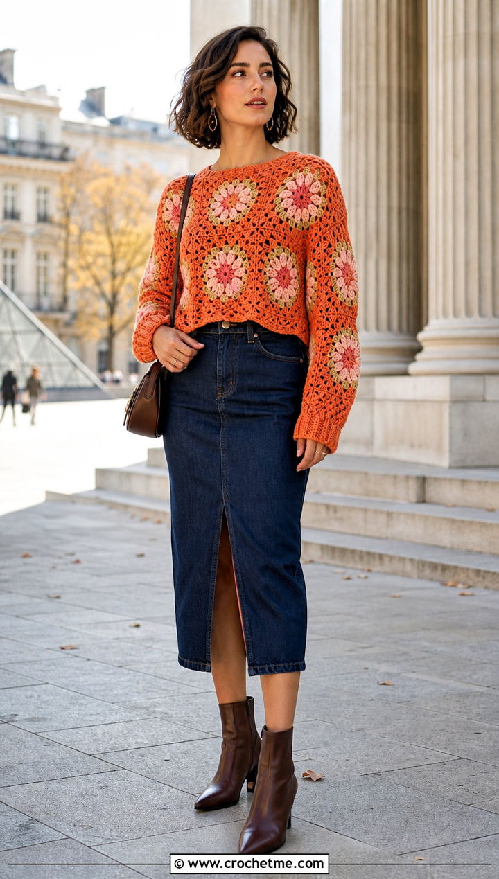 Floral Motif Crochet Sweater With Denim Midi Skirt - 15 bright crochet sweater design outfit ideas