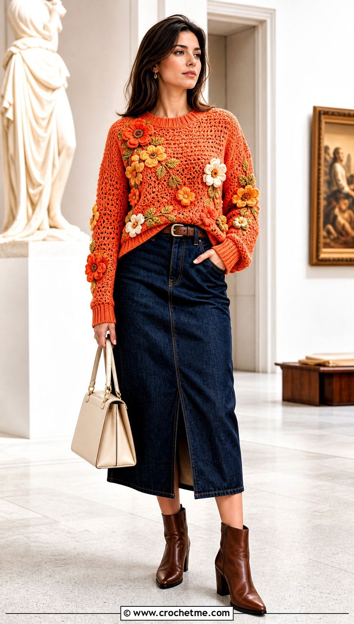 Floral Motif Crochet Sweater With Denim Midi Skirt - 25 handmade crochet sweater outfit ideas