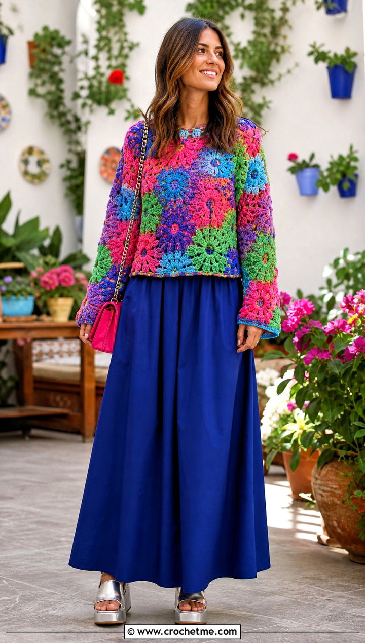 Floral Motif Crochet Sweater With Maxi Skirt - 15 Sweaters To Crochet For Women outfit ideas