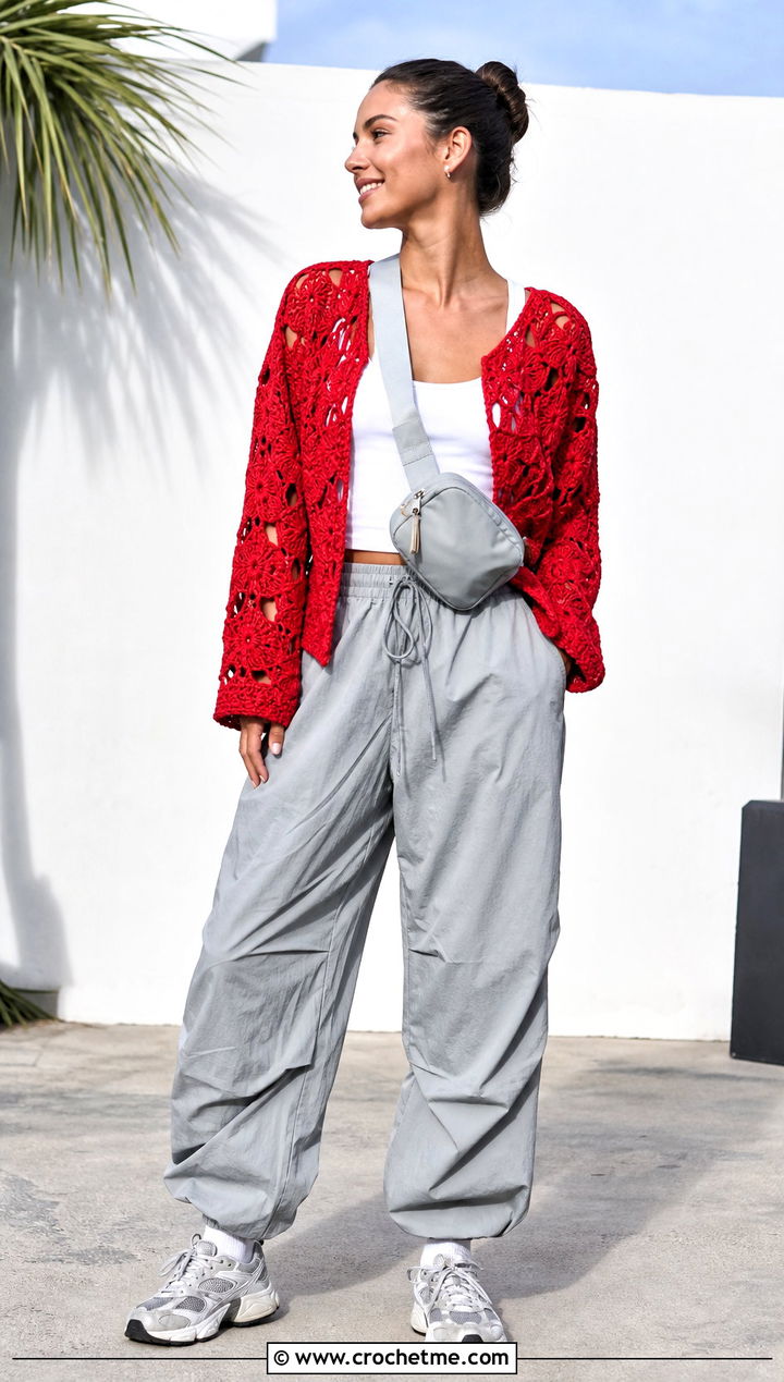 Floral Motif Crochet Sweater With Parachute Pants - 25 summer crochet sweaters outfit ideas