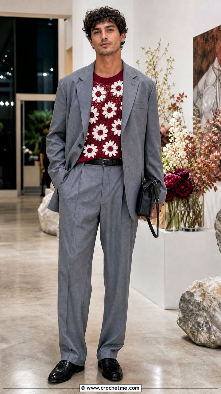 Floral Motif Crochet Sweater With Relaxed Suit - 35 crochet sweater for men outfit ideas