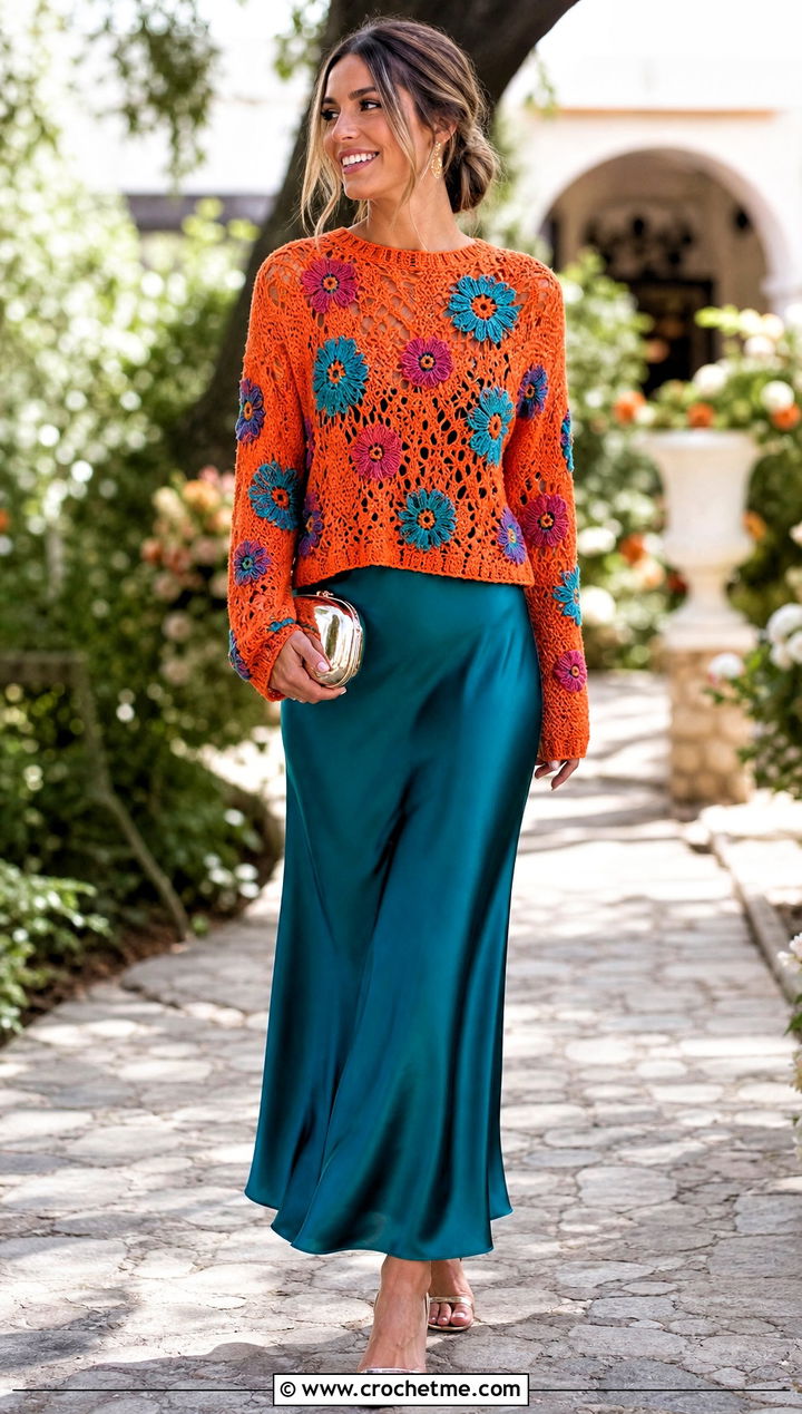 Floral Motif Crochet Sweater With Satin Maxi Skirt - 15 vibrant crochet sweater design outfit ideas
