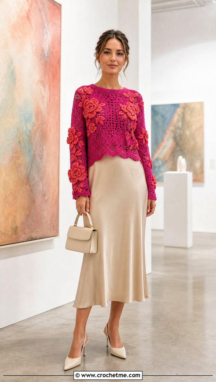 Floral Motif Crochet Sweater With Satin Midi Skirt - 25 Patterned Crochet Sweater outfit ideas