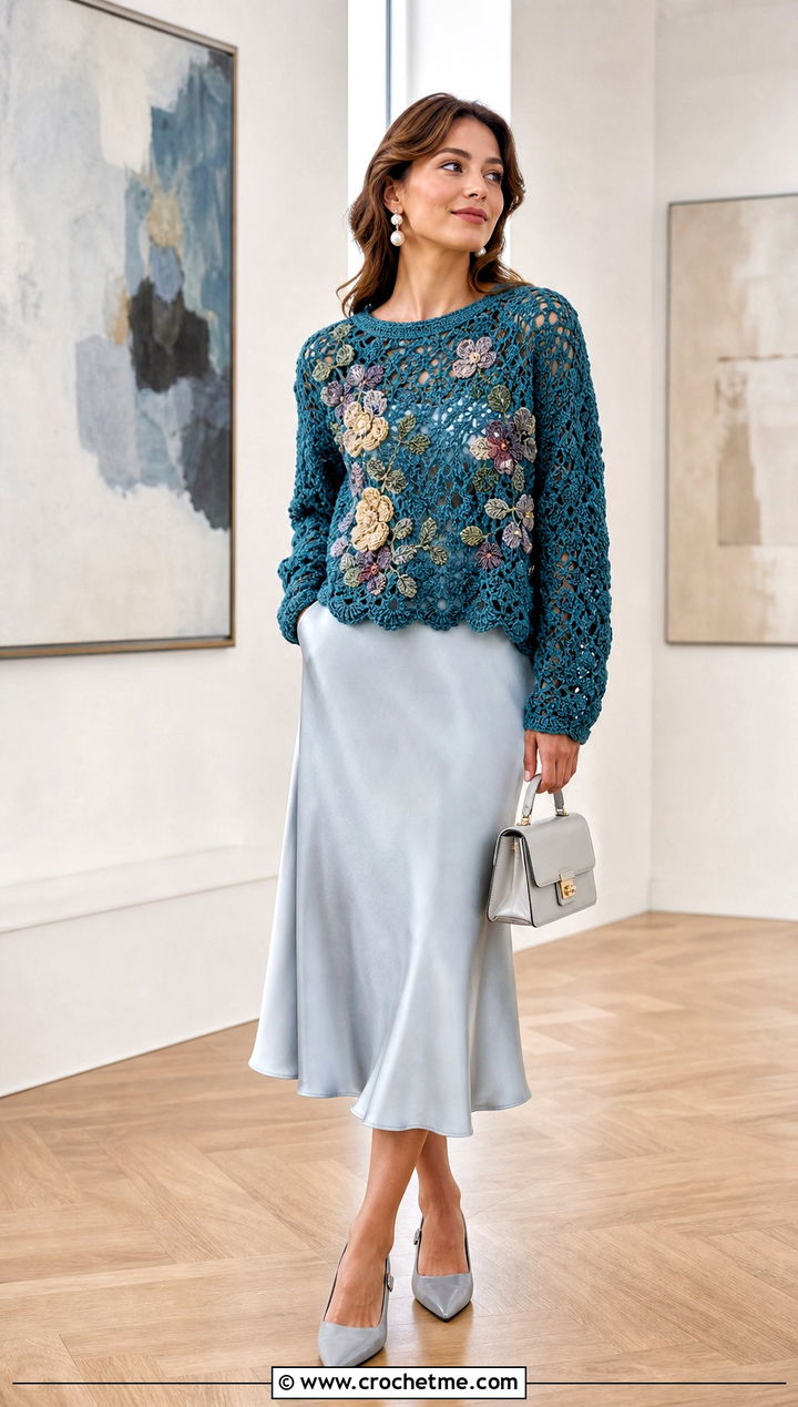 Floral Motif Crochet Sweater With Satin Midi Skirt - 25 vintage crochet sweater outfit ideas