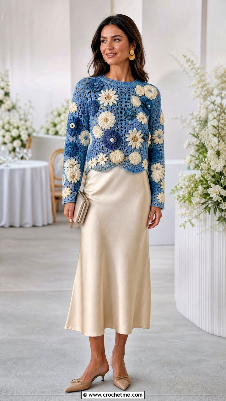 Floral Motif Crochet Sweater With Satin Midi Skirt - 35 crochet sweater design for women outfit ideas
