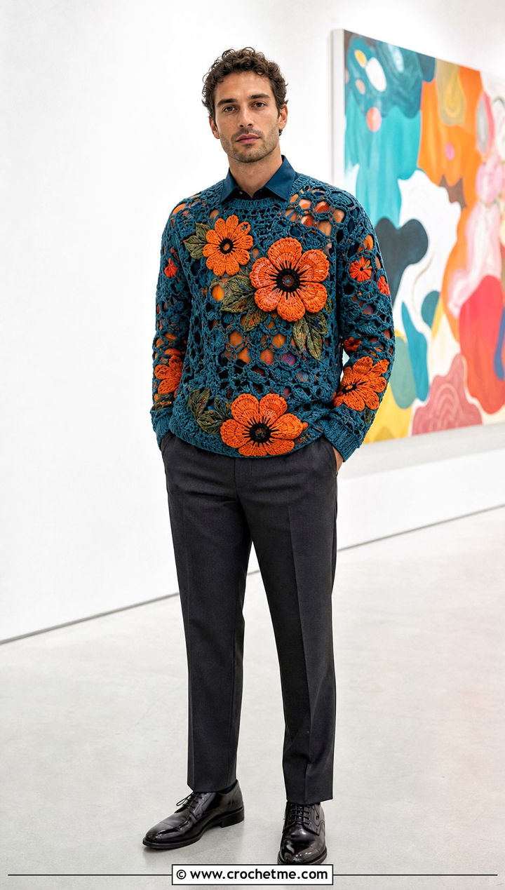 Floral Motif Crochet Sweater With Suit Pants - 35 crochet man sweaters outfit ideas